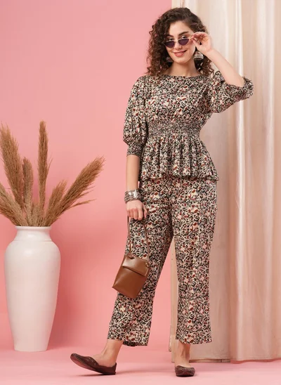 globus Globus Women Black Ethnic Motif Printed Puff Sleeve Pure Cotton Top & Trouser